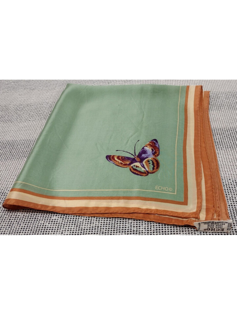 Vintage 1970s Purple Butterfly PURE SILK SCARF Echo 70s Boho Colors Green Brown